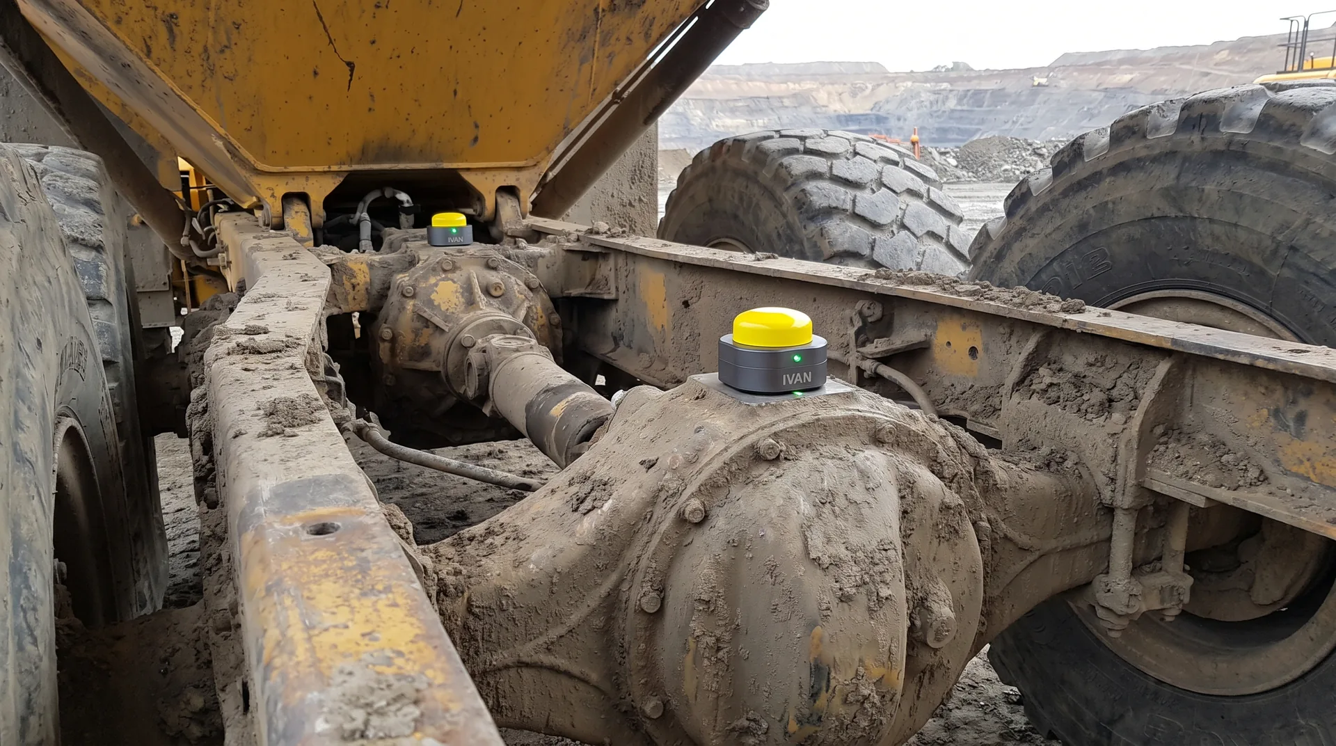 Under the rear of an articulated rock truck: two small IVAN sensors, one on the rear differential housing and one on the transfer gearbox further forward, with the driveshaft, frame and muddy tyres around them.