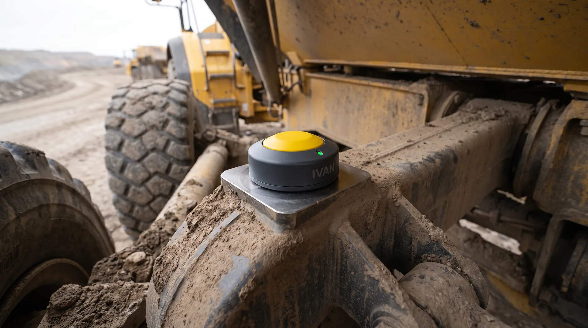 A small IVAN sensor sitting flush on a machined pad on the muddy axle housing of an articulated rock truck, with the tyres and haul road behind.